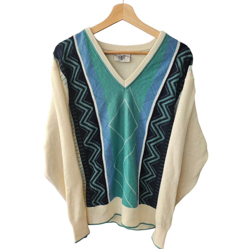 Vintage Gabicci Italy V-Neck Sweater Mens Medium Cream Geometric Wool Blend